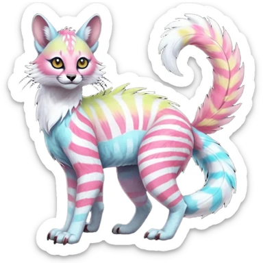 Colorful tropical feathery tribal pale light fruity pastel white glorious iridescent divine exotic cute albino neon vibrant zigzagged cool beautiful fantasy-caracal-civet-genet-sergal-vernid-Gryphon-Cacomistle-Trico-oncilla-animal-Fakémon-hybrid-fursona (full body), facial markings,  sticker