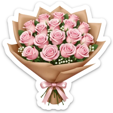 A brown paper-wrapped bouquet of pink and white fresh roses and baby’s breath sticker
