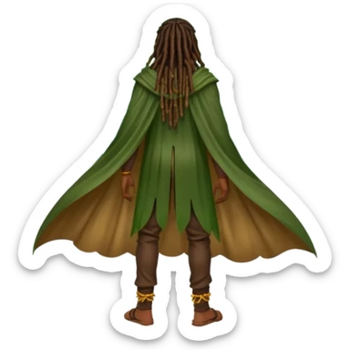 full body woodland character, dark skin man with dreadlocks, from behind, open back leaf cloak, wet skin shine, fireflies around sticker