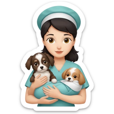 dark haired nurse holding baby dog sticker