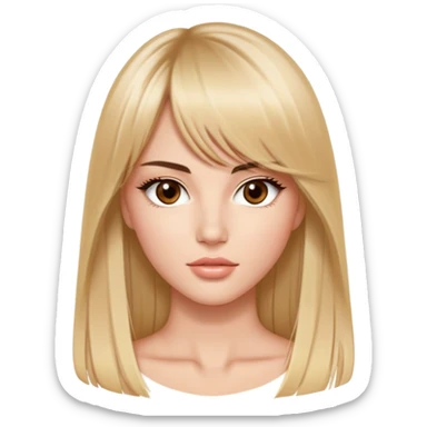 victoria’s secret model, long straight blonde hair parted in the middle with bangs, almond-shaped brown eyes, brown eyebrows, oval face sticker