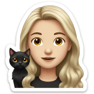 white girl with long brown hair and fluffy black cat sticker