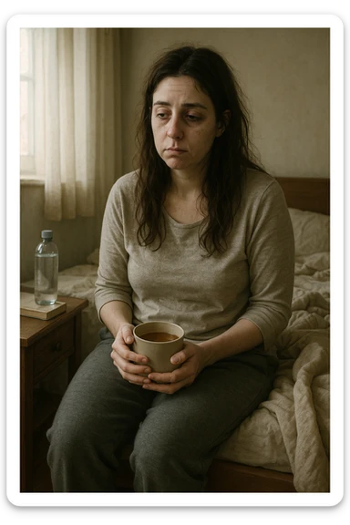 Create a vertical format, realistic, cinematic illustration of a woman in her early 30s with a tired, pale appearance, sitting on the edge of her bed in a softly lit bedroom during the morning. She looks exhausted and drained with a slightly slouched posture and visible dark circles under her eyes. She wears comfortable loungewear and holds a warm cup of herbal tea in her hands, seeking comfort. The scene includes a cozy yet slightly messy room with a blanket, a water bottle, and a book on the nightstand, emphasizing chronic fatigue. Soft natural light comes through the window, highlighting her expression of persistent tiredness despite rest, capturing the invisible struggle of chronic fatigue syndrome while maintaining dignity and a gentle aesthetic. Use the reference image for likeness and body type. sticker