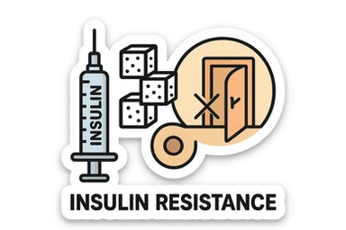realistic and symbolic icon of insulin resistance, no background, 2:3 aspect ratio, showing a symbol representing insulin, glucose, and difficulty entering cells, clean, clear, and easily recognizable style sticker