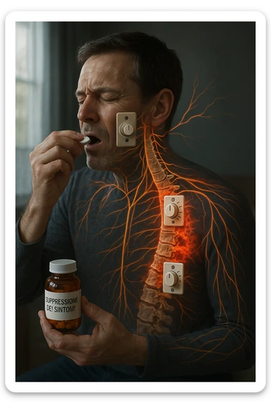 Realistica cinematic Man taking pain medication for chronic back pain, pills shown as dimmer switches turning down pain signals in transparent nervous system overlay, underlying spinal damage remaining completely untreated and worsening, expression of temporary relief masking progressive deterioration, medication bottle labeled 'symptom suppression' not 'cure', root cause inflammation continuing to spread in italiano sticker