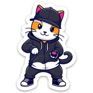 cat wearing a black snapback cap and black hoodie doing graffiti art with spray paint, street art style sticker