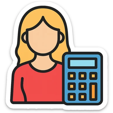 woman in a red dress with a calculator, simple and iconic sticker