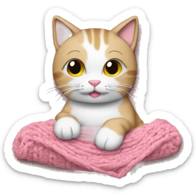 a tan and white cat crocheting a pink blanket  sticker