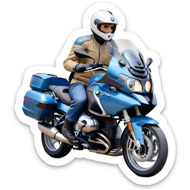 blue BMW RT1200 touring motorcycle with rider on open road sticker
