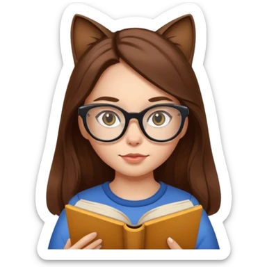 clean beautiful girl long brown hair, wear glasses cat eye, reading a book sticker