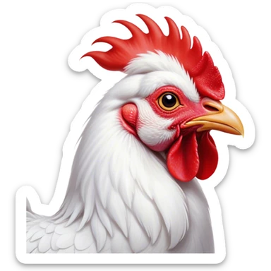Cinematic Cute White Rooster Portrait Emoji, Head tilted playfully and inquisitively, featuring a glossy, immaculate white plumage with a vibrant red comb, round, sparkling eyes filled with curiosity, Simplified yet irresistibly adorable features, highly detailed, glowing with a warm, friendly glow, high shine, affectionate and spirited, stylized with a touch of farmyard whimsy, bright and endearing, soft glowing outline, capturing the essence of a mischievous yet loving rooster, so playful it feels like it could strut out of the screen and into your arms! sticker