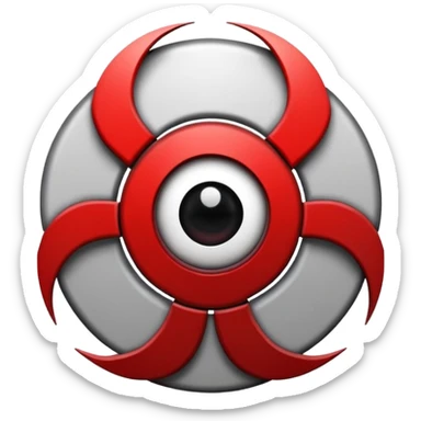 Minimalist emoji-style sticker of a fractured biohazard symbol with a small eye in the center. Stylized, geometric, no text.
 sticker