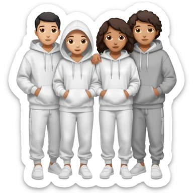 four mixed race friends all wearing white oversized hoodies with the hoods up, white sweatpants, and white slides huddled together hugging sticker