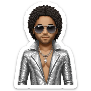 Lenny Kravitz with long dark brown hair, silver sequin outfit sticker