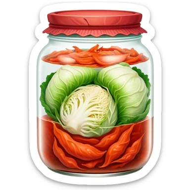 Kimchi Cinematic Realistic Kimchi Dish Emoji, depicted as spicy, fermented cabbage with vibrant red hues neatly served in a traditional jar, rendered with dynamic textures and bold, appetizing lighting. sticker