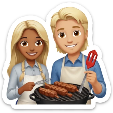 Brown girl in love blond boy grilling meat sticker
