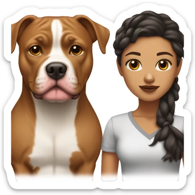 light skin girl with dark brown hair face next to red pitbull sticker