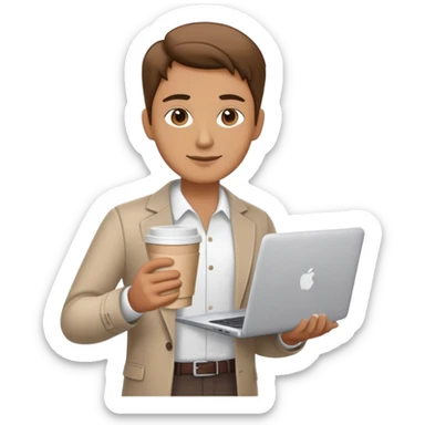 business owner confidently, holding a closed laptop in one hand and a takeaway coffee cup in the other. The character wears casual-smart clothes. sticker