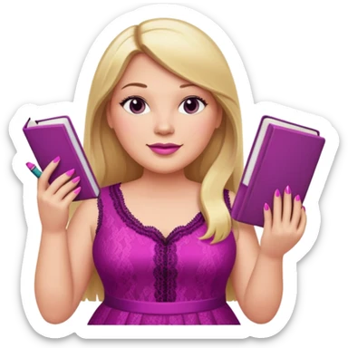A plus-size white woman with long, straight blonde hair is wearing a magenta lace sleeveless dress. She is standing with magenta nail polish and holding a book and a crayon.. sticker