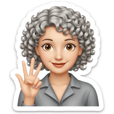 silver, short, wavy-haired with curls, smiling pretty lady, index and middle fingers crossed on one hand, hazel eyes sticker