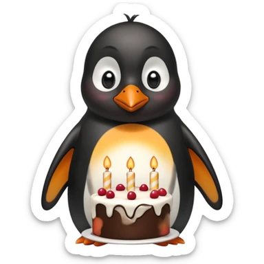 A penguin standing near a cake, feeling shy from a surprise celebration, portrait, bust up sticker