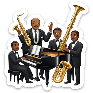 Icon for Jazz Music: Count Basie Orchestra, with Count Basie at the piano surrounded by jazz musicians playing instruments like saxophones, trumpets, and drums. Floating musical notes should capture the energetic and smooth vibe of big band jazz. Transparent background. sticker