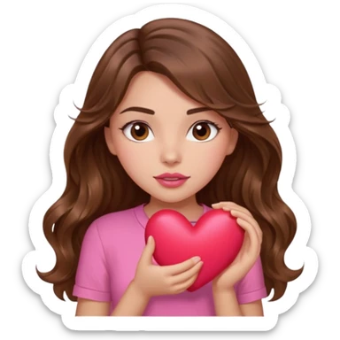 girl with long wavy brown hair, brown eyes, light to medium complexion, in a pink shirt, pink lips, long lashes, squeezing a big heart sticker