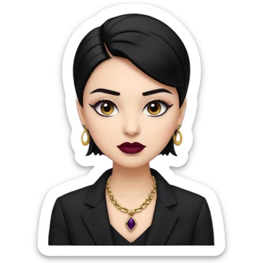 “Emoji girl, sculpted contour, bold dark lipstick, defined brows, sharp eyeliner, sleek black hair updo, statement necklace, black blazer.” sticker