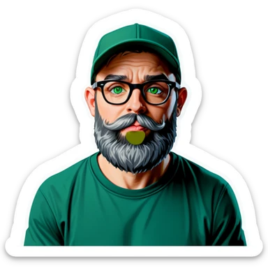 A bold man with a grey baseball cap, green eyes, big beard and glasses blows a kiss sticker