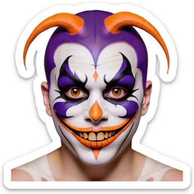Juggalo smiley face that is Perfectly round and hairless with white skin with realistic human brown colored eyes and elaborate but symmetrical thin lined face paint that covers most of the area of their face from the top of the forehead down the sides of their chin to the bottom of their face that is orange outlined in dark purple, with an unrealistic anatomically impossible grin with broken teeth and look in their eyes that is menacing sticker