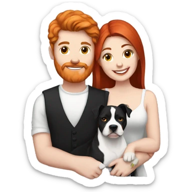 Red haired couple holding black and white English staffordshire sticker