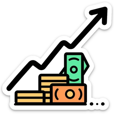 upward arrow next to increasing stacks of money bills and coins, financial growth sticker