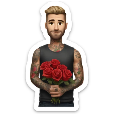 Hyper Realistic handsome tattooed man holding a bouquet of roses sticker