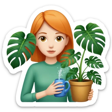 woman watering her monstera plant sticker