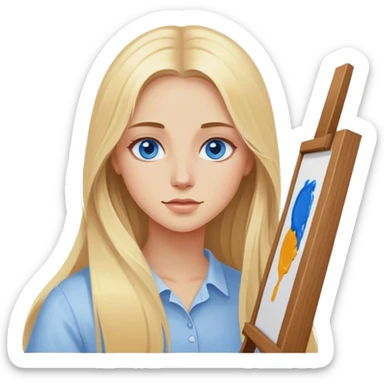 Cinematic realistic blonde with long hair, blue eyes paints a picture on canvas sticker