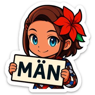 Azucena from Tekken 8 in chibi sticker style, holding a sign that says 'MÄN', cheerful expression, designed for Twitch emote use sticker