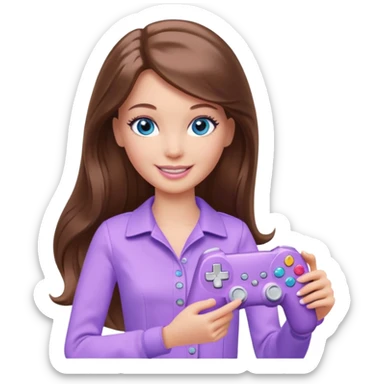 beautiful barbie girl with long brown hair, blue eyes and wearing light purple clothes playing console games with controller sticker