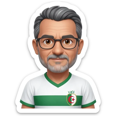 homme algérien un peau claire à lunettes yeux marrons 67 ans cheveux gris et noirs avec barbe légèrement grisonnant avec maillot blanc et vert foot Algérie sticker
