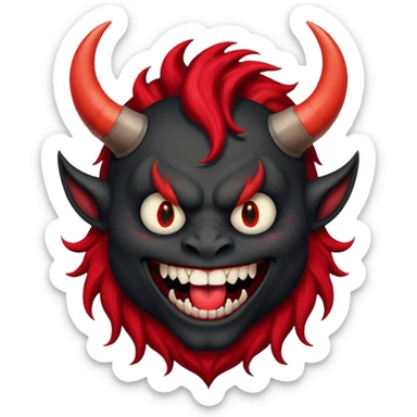 демон с чёрной как уголь кожей, красными клыками, двумя красными рогами торчащими у него изо лба, красной гривой и глазами смеётся (рядом текст "Ха-Ха") sticker