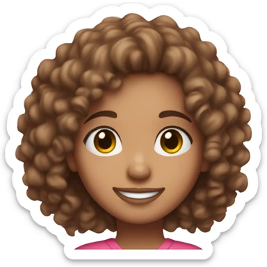 Light skin girl with brown curly hair, brown eyes and a pink outfit smiling sticker