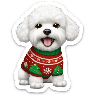 A Bichon Frisee dog wearing a christmas sweater sticker
