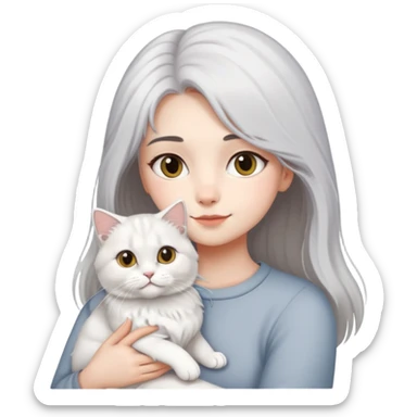 gray hair girl with white British Longhair cat sticker