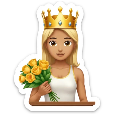 A female athlete wearing a golden crown stands on the podium, holding a bouquet of flowers.

 sticker