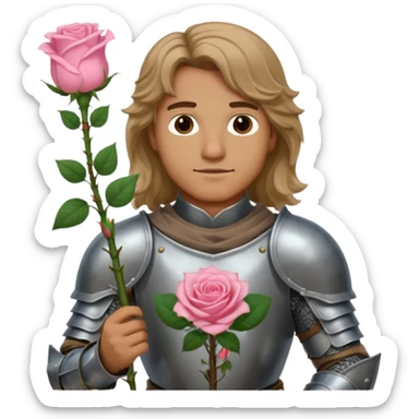 A male knight in armor with long wavy dark blonde hair holding a light pink rose  sticker