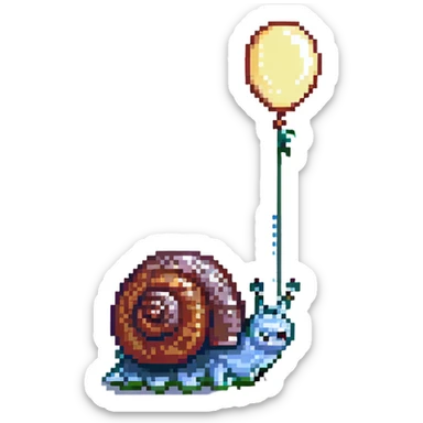 happy snail with cheerful eyes and a balloon on its shell, pixel art style sticker