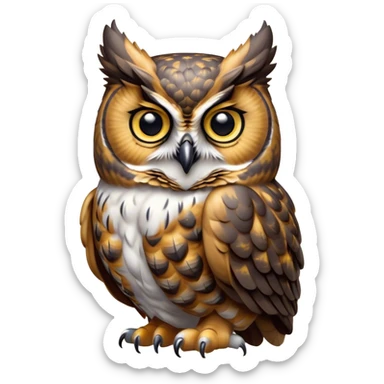 Cinematic Cute Great Horned Owl Portrait Emoji, Head tilted playfully and inquisitively, featuring a lush mottled Fur with intricate patterns of gray and white, round, sparkling golden eyes filled with curious wonder, Simplified yet irresistibly adorable features, highly detailed, glowing with a warm, friendly glow, high shine, affectionate and wise, stylized with a touch of nocturnal whimsy, bright and endearing, soft glowing outline, capturing the essence of a mischievous yet loving owl, so playful it feels like it could glide out of the screen and perch in your arms! sticker