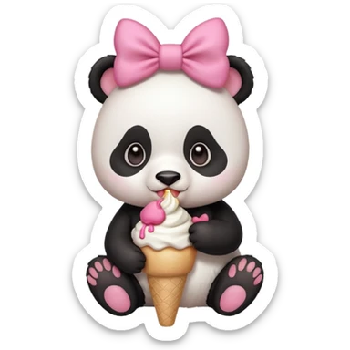 Cute chibi style girl Panda with big pink bow above ear eating and ice cream  sticker