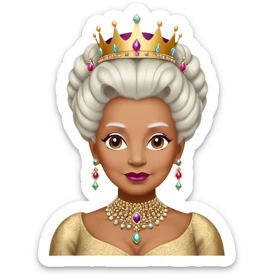 old queen with Elaborate updo hairstyle, powdered wig, adorned with jewels warm brown skin sticker