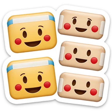 16 different variations of a band aid as and emoji with smiling with teeth, smiling without teeth, crying laughing or sad, mad, sad, tired, censored, funny, glasses, love, serious, with a hat, sticking out tounge, sleeping, injured, and angel Formatted in rows of 4x4 and with a white background sticker