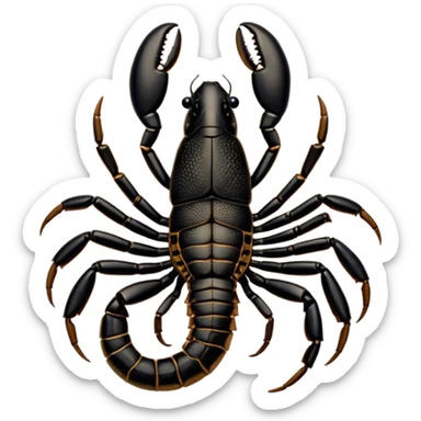 Cinematic Cute Emperor Scorpion Portrait Emoji, Head tilted playfully and inquisitively, with a compact, rugged build and a sleek, dark exoskeleton highlighted by delicate, intricate patterns and round, sparkling eyes full of curious defiance, Simplified yet irresistibly adorable features, highly detailed, glowing with a warm, friendly glow, high shine, affectionate and quirky, stylized with a touch of desert whimsy, soft glowing outline, capturing the essence of a mischievous yet endearing scorpion that feels like it could pinch its way out of the screen into your arms! sticker